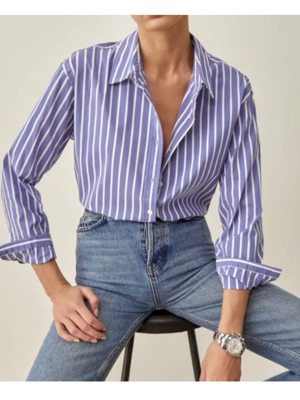 Reformation boxy cropped striped white blue shirt S cotton - Picture 3 of 10